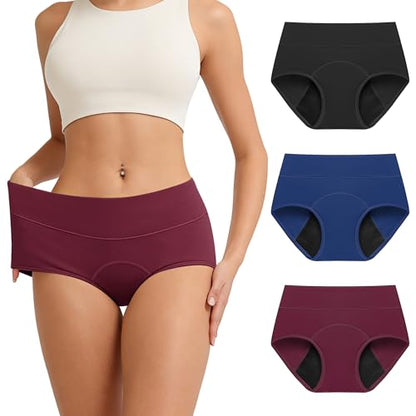 Period Underwear for Women Cotton Heavy Flow Leakproof Briefs 3 Pack - color: Black/Blue/Red, size: Small