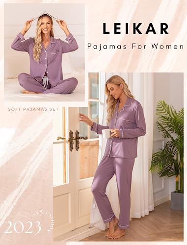 Leikar Button Up Pajamas For Women Long Sleeve Viscose Soft Pjs Lounge - color: Violet, size: Medium