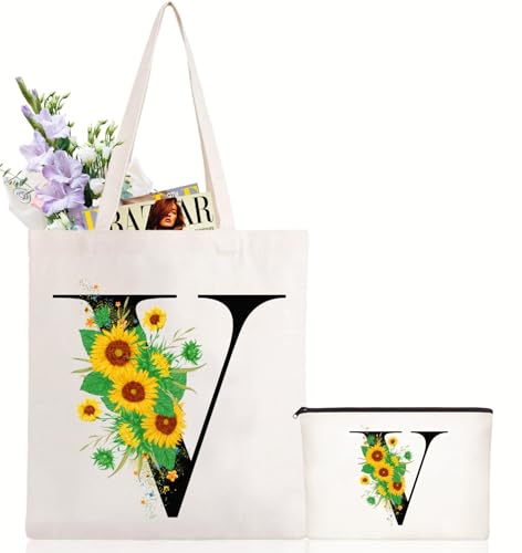 Andeiltech Initial Canvas Tote Bag Sunflower Letter Personalized Makeup Bag Monogrammed Gift for Bridesmaids Birthday Wedding - color: Sunflower Letter_v