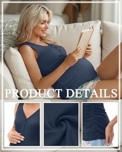 3 Pack Women Maternity Henley Tank Tops - color: Black, White, Haze Blue, size: Large
