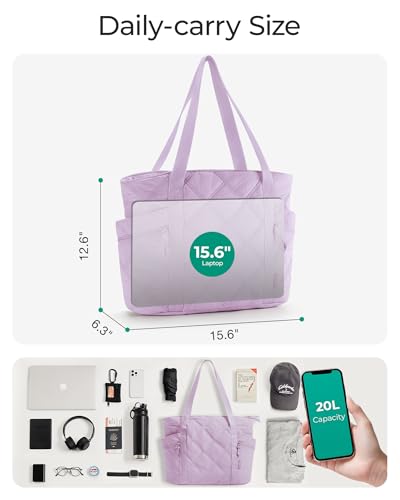 BAGSMART Crush Tote Bag for Women, 20L Puffer Work Tote with Zipper - color: Lavender
