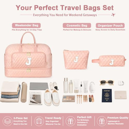 Graduation Gift for Her, Quilted Initial Travel Bag with Shoe Compartment - color: Pink Diamond Quilted, style: J