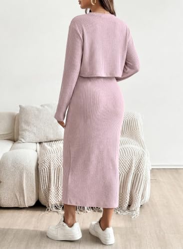 BLENCOT Maternity 2 Piece Outfits Ribbed Knit Crop Top And Midi Skirt Set - color: Light Pink, size: Small