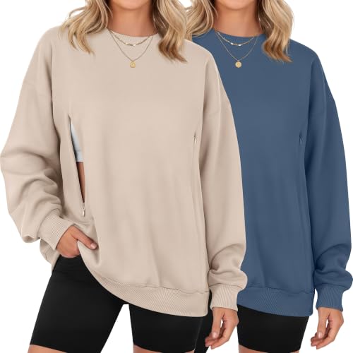 Locoowai 2 Pack Women's Oversize Nursing Sweatshirts - color: Apricot, Haze Blue, size: XX-Large
