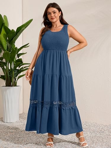 RWJ Plus Size Summer Dresses Smocked Sleeveless Sundress Beach Maxi Dress - color: Dusty Blue, size: Large Plus