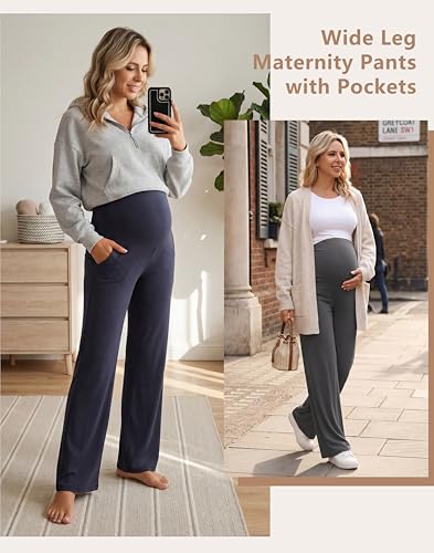 Foucome Women's Maternity Pants Wide Leg Pregnancy Work Pants - color: Black/Grey/Navy, size: Large