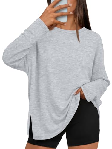 Trendy Queen Womens Oversized Side Slit Long Sleeve Shirts Fall Tops - color: Grey, size: Medium
