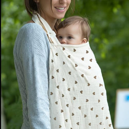 Muslin Nursing Covers for Breastfeeding, Beige Khaki Heart - color: Brown Heart