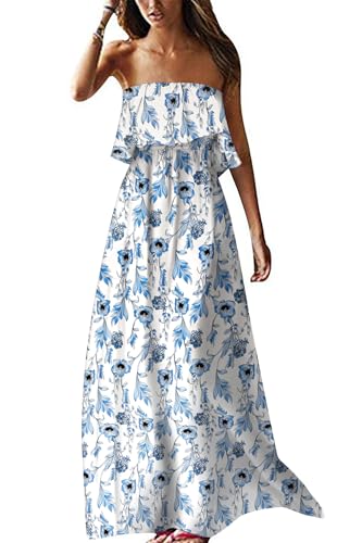 ZMPSIISA Womens Summer Off Shoulder Maxi Dress Strapless Boho Long Dresses - color: A-light Blue Flower, size: Medium
