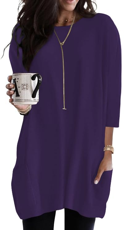 Poetsky Womens 3/4 Sleeve Tunics or Tops to Wear with Leggings Long Shirts - color: Dark Purple, size: XX-Large
