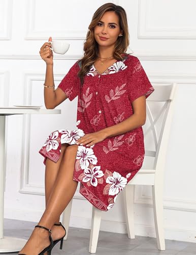 Ekouaer House Dress for Women with Pockets Button Down Nightgowns Moo Moos - color: Red Flower, size: Medium