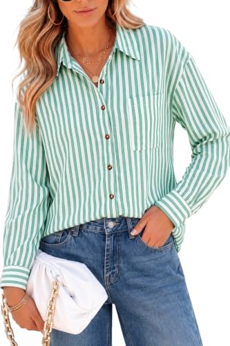 CHYRII Women's Striped Button Down Long Sleeve Blouse - color: Green, size: XX-Large