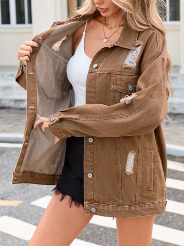 LifeShe Women's oversized Jean Jacket distressed denim Coat with Pockets - color: Khaki, size: Small