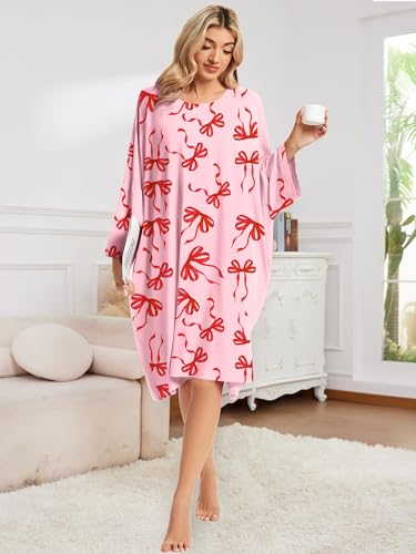 CRIPOM Plus Size Moo Moos for Women Oversized Sleep Shirts with Pockets - color: Pink Bowknot
