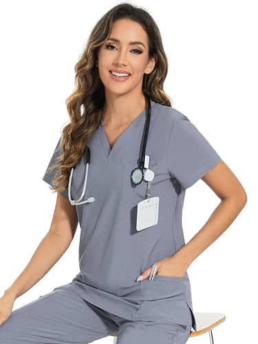 Scrubs Tops for Woman - Soft Stretch, V-Neck Tops - color: Grey, size: Large