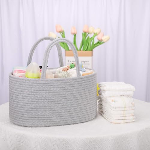 COMSE Large Cotton Rope Baby Diaper Caddy Organizer with Handles, Cool Gray - color: Cool Gray, size: Large