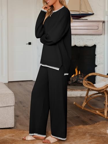 LILLUSORY Lounge Sets Womens 2 Piece Matching 2026 Fall Knit Sweater Set - color: Black, size: X-Large