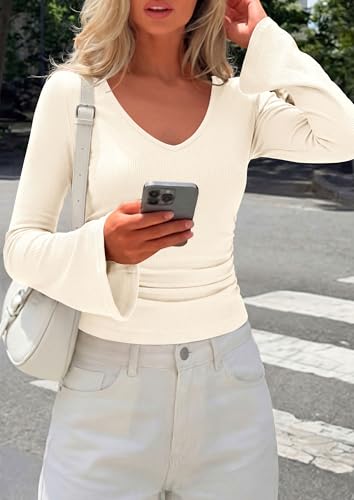 PRETTYGARDEN Womens Fall Cute Tops Bell Long Sleeve Shirts - color: Beige, size: Large