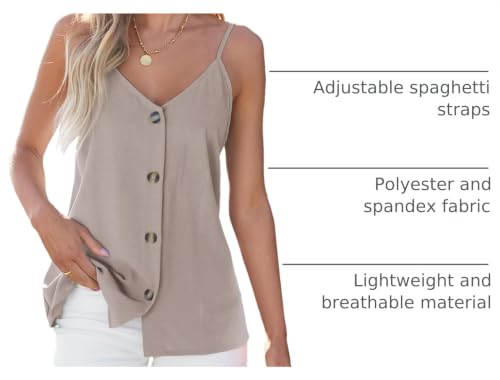 BLENCOT Womens Summer Spaghetti Strap Tank Tops Button Casual Camisoles - color: Champagne, size: Medium