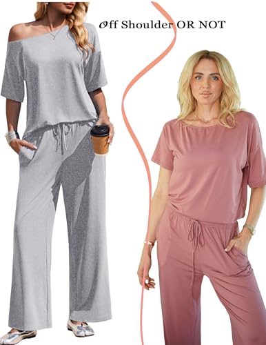 Ekouaer Women's Lounge Set Off Shoulder Short Sleeve Top & Long Pants Set - color: Light Gray, size: Medium