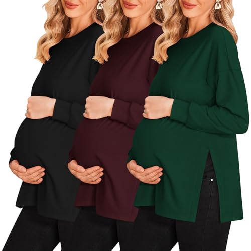 Ekouaer 3 Packs Maternity Shirts Split Side Pregnancy Workout Tops - color: 3pcs- Black + Burgundy Red + Green, size: X-Large