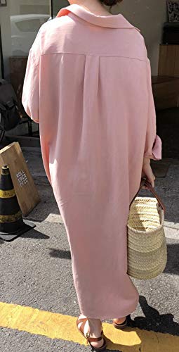 GGUHHU Womens Chic Button Down Rolled-Up Sleeve Long Cotton Blouse Maxi Dress - color: Light Pink, size: Medium