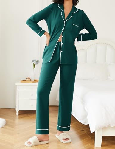 Ekouaer Womens Pajamas Set Button Down Long Sleeve Top & Pants Lounge Sets - color: Blue Green, size: Large