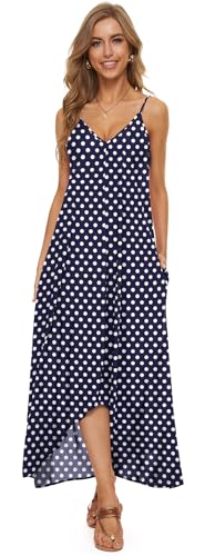 LILBETTER Women V-Neck Polka Dot Print Spaghetti Strap Boho Long Maxi Dresses - color: 02navy Blue Dot, size: Small