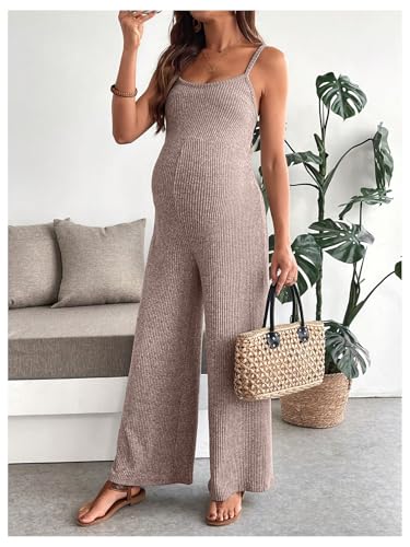 MakeMeChic Women's Maternity Cami Jumpsuit Ribbed Pregnancy Overalls Romper - color: Pink, size: Large