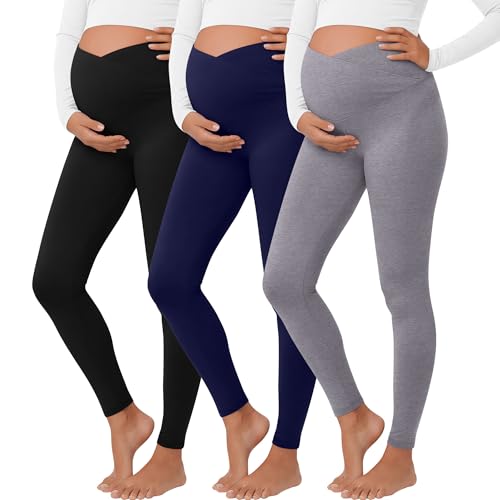 3 Pack Women's Maternity Leggings Pregnancy Pant - color: Black, Navy Blue, Mixed Gray, size: Small