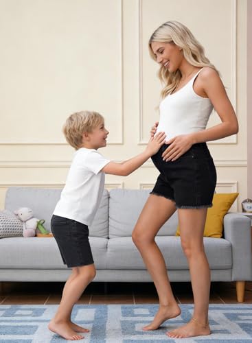 BLENCOT Maternity Jeans Shorts Frayed Hem Pregnancy Shorts Summer Clothes - color: Black, size: Small