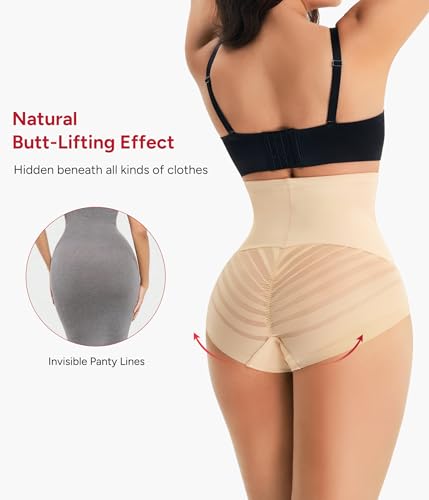 Shapewear Tummy Control Underwear High Waisted Panties with Stripe Lace - color: Beige, size: XX-Large