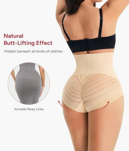 Shapewear Tummy Control Underwear High Waisted Panties with Stripe Lace - color: Beige, size: XX-Large