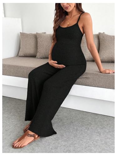 MakeMeChic Women's Maternity Cami Jumpsuit Ribbed Pregnancy Overalls Romper - color: Black, size: Medium