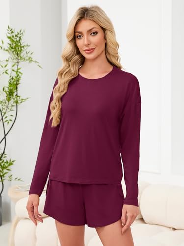 ANRABESS Womens Long Sleeve Striped Pajama 2 Piece Lounge Sets - color: Burgundy, size: Medium