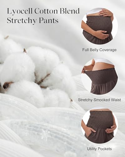 OUGES Womens Lyocell Cotton Maternity Pants Over Belly Smocked Waist Stretchy Casual Wide Leg Palazzo Pants with Pockets - color: Dark Brown, size: Small