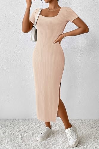CFLONGE Womens Bodycon Maxi Dresses Casual Ribbed Dress - color: Apricot, size: Small