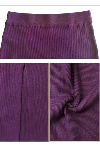 HERBATOMIA Midi Pencil Basic Skirt Casual Solid Split Side Stretchy Ribbed Knit Bodycon Mid Length Skirts for Women - color: Deep Purple, size: Small