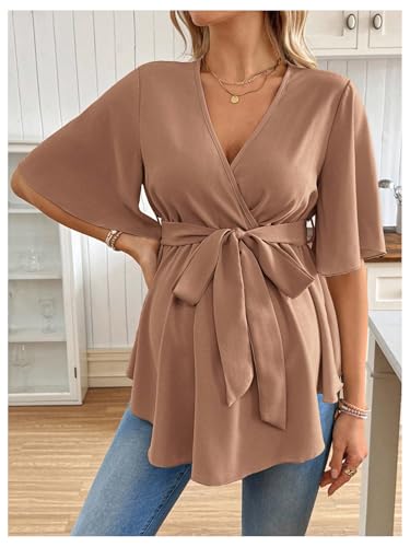 MakeMeChic Women's Maternity Nursing Blouse Wrap Belted Pregnancy Shirt - color: Mocha Brown, size: Medium