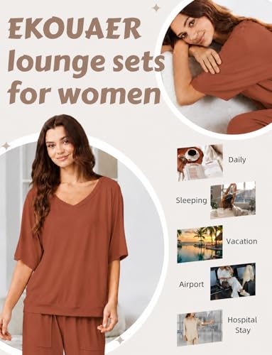 Ekouaer Lounge Sets for Women Comfy Pajamas Set 2 Piece Outfits - color: Camel, size: Medium