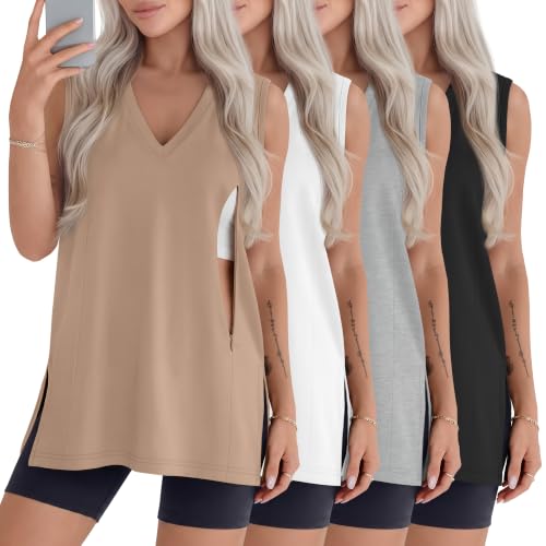 4 Pack Womens Nursing Oversized Tank Tops - color: Khaki, White, Light Gray, Black, size: Small