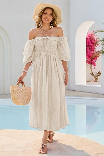 R.Vivimos Women Summer Cotton A Line Flowy Long Dresses - color: Beige#1, size: Large