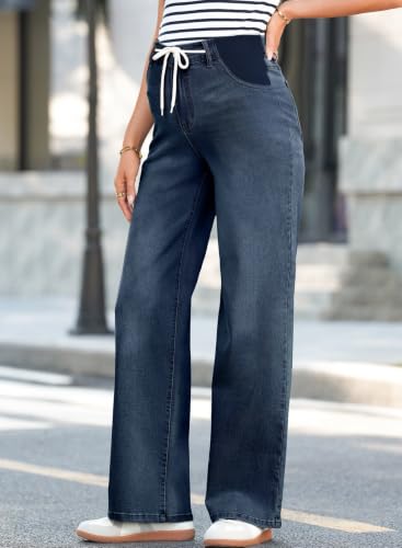 BLENCOT Maternity Jeans High Waisted Drawstring Straight Leg Denim Pants - color: Navy Blue, size: X-Large