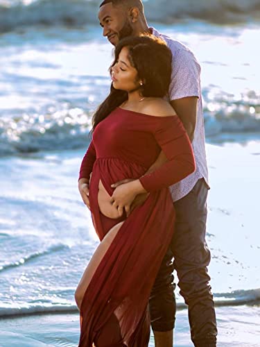 YnimioAOX Maternity Photoshoot Dress Off Shoulder Long Sleeve - color: Burgundy