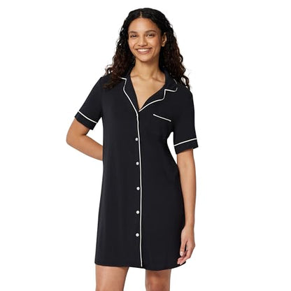 Amazon Essentials Women's Modal-Blend Nightgown, Short Sleeve Button-Down - color: Black, size: X-Small