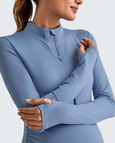 G4Free Lightbreeze Maternity Shirts Long Sleeve Quarter Zip Pregnancy Top - color: Dusty Blue, size: Medium