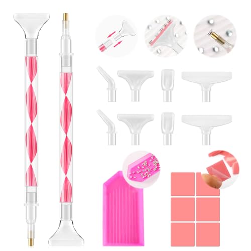 Rhinestone Picker Tool Kit: 2Pcs Rhinestone Picker Handle, Dual-Ended Rhinestones Applicator Bedazzling Tools Pen with 12 Upgraded Plastic Replacement Tips, Clay Nail Art Craft (Red) - color: Red/White