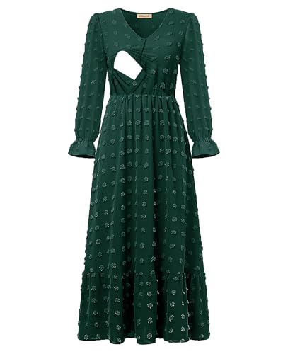 CzzzyL Women Nursing Boho Maxi Dress Swiss Dot Smocked with Pockets - color: Deepgreen, size: Medium