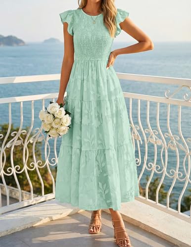 ZESICA Women's Summer Floral Boho Smocked Flowy Maxi Dress - color: Sage, size: Medium