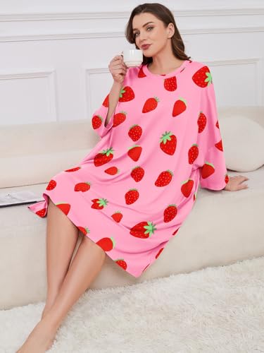 CRIPOM Plus Size Moo Moos for Women Oversized Sleep Shirts with Pockets - color: Pink Strawberry